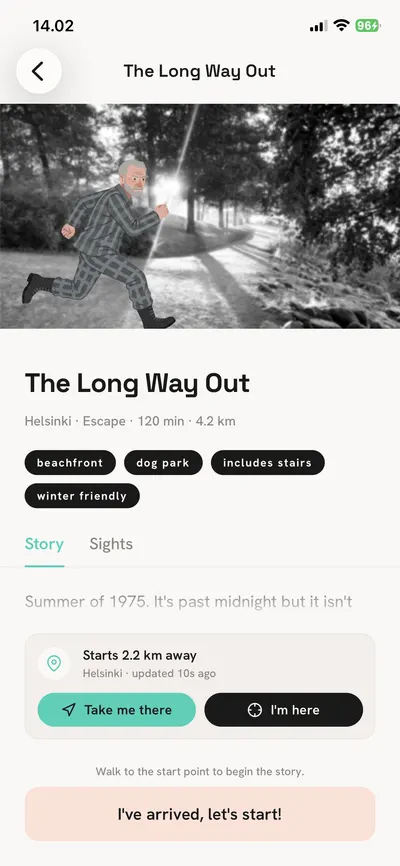 A story's page, with its length, distance and tags